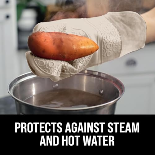 Image of BPA-Free Silicone Oven Mitts Ultra Heat Resistant up to 500F - Oven Mitts with Thick Cotton Liner - Long Slip Resistant Pot Holders, Flexible Oven Gloves - Beige 14.7