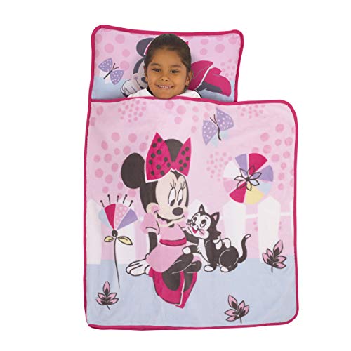Matelas de sieste Minnie Mouse Disney rose avec oreiller intégré et étiquette prénom