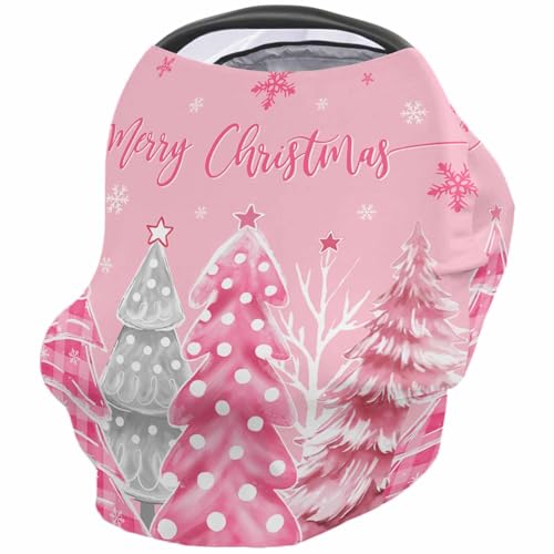 Nursing Cover for Breastfeeding Scarf, Merry Christmas Pink Xmas Tree Snowflake Baby Car Covers Super Soft Multi Use for Canopy Shopping Cart Cover Blanket Stroller Cover