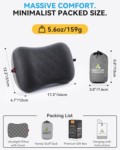 HIKENTURE Aufblasbares Camping/Reise Kissen mit Abziehbarem Kissenbezug, Ergonomisches Kopfkissen, Komfortables Nackenkissen für Reise/Outdoor, Inflatable Travel Neck Pillow(Schwarz)…