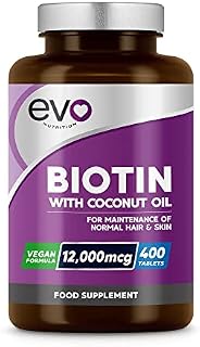 Biotin Hair Growth Supplement 12,000mcg with Coconut Oil | 400 High Strength Biotin Tablets for Hair - 13 Month Supply | Vitamin B7 | Support Normal Skin & Hair Growth | Made in UK by EVO Nutrition