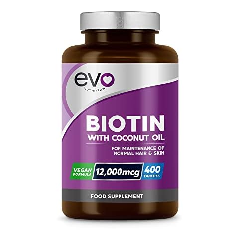 Biotin Hair Growth Supplement 12,000mcg with Coconut Oil | 400 High Strength Biotin Tablets for Hair - 13 Month Supply | Vitamin B7 | Support Normal Skin & Hair Growth | Made in UK by EVO Nutrition Cover