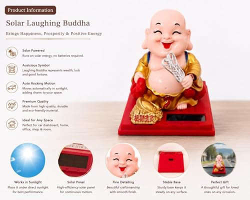 Image of Solar Laughing Buddha Showpiece for Car Dashboard, Home & Office Decor | Auto Rocking Smiling Buddha Idol with Solar Panel | Feng Shui Lucky Buddha Decorative Statue Gift Item