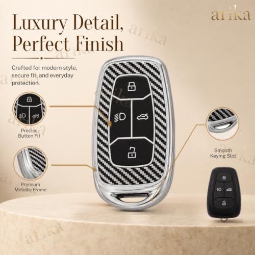 Image of arika Key Cover Compatible with Tata Harrier | Safari | Nexon | Altroz | Tigor | EV | Punch | Tiago EV Electric - 4 Button Smart Key , Sterling Silver Carbon Series