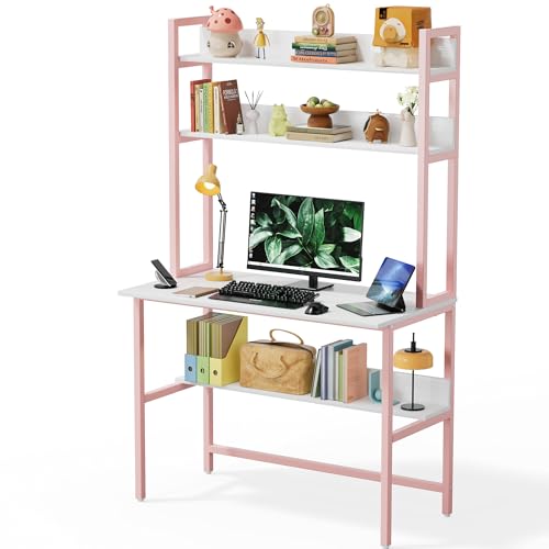 Image of Aquzee 40 Inch Pink Desk with Shelves, Computer Desk with Hutch
