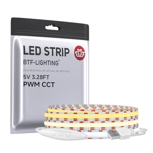 Image of BTF-LIGHTING FCOB COB FOB LED Strip Lights 5V USB CCT 3.28FT 640LEDs Tunable 2700K /4000K /6500K 10mm Width Dimmable 90+ High CRI Flexible High Density for TV Backlight PC Bedroom Kitchen Home DIY Decor