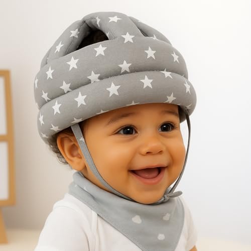 OOZU Baby Infant Toddler Helmet No Bump Safety Head Cushion Bumper Bonnet Adjustable Protective Star Printed Cap Child Safety Headguard for Running Walking Crawling Safety Helmet for Kids (Grey)