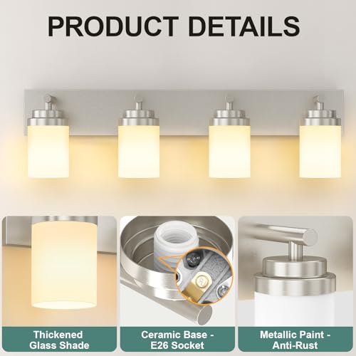Image of IZORRO Bathroom Vanity Light Fixture, 4-Light 30 Inch Brushed Nickel Bathroom Light Fixtures Over Mirror, with White Glass Shade, Modern Farmhouse Vanity Lights, Rustic Restroom Lighting Fixtures
