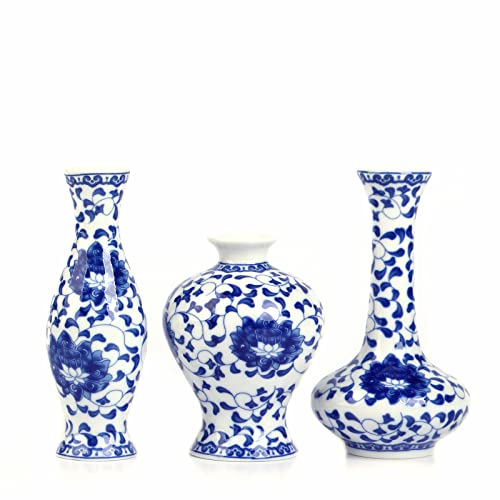 Blue And White Small Bud Vase Set, 3 Petite Vases For Window Sill, Idea Shelf Décor And Coffee Table Décor #TOP7