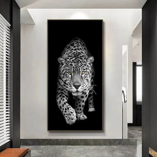 Tableau d'art mural pour salon affiche léopard noir et blanc 30x60cm encadré