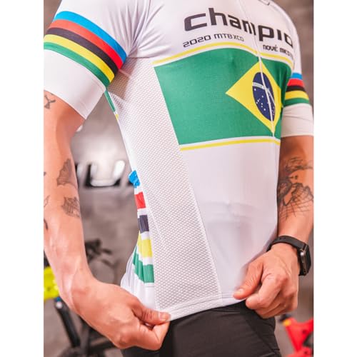 Camisa de Ciclismo Masculina Manga Curta Way Premium Champion Brasil Branca Proteção UV Slim Confort