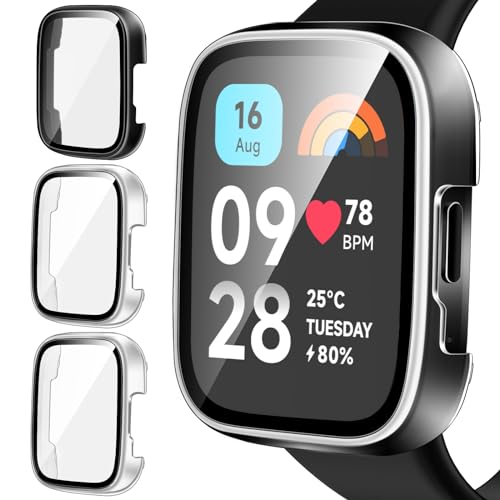 iVoler 3 Pezzi Cover con Vetro Temperato per Xiaomi Redmi Watch 3 Active (Non per Redmi Watch 3), Copertura Completa Custodia Rigida PC, Pellicola Protettiva Anti-Graffio Case, 2 Trasparente + 1 Nero