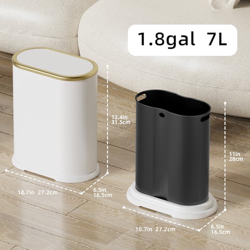 Image of KSSKSS 1.8 Gallons Small White Bathroom Trash Can with Lid, Slim Bathroom Garbage Bin, Dog Proof Trash Can with Pop-Up Lid for Bedroom,Toile, White