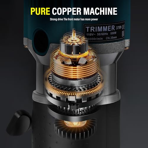 Palm Router Tool, 800W 30000Rpm Woodworking Hand Router with Trimmer Base & 15Pcs 1/4"(6.35mm) Router Bits Set, 6 Variable Speeds Handheld Wood Trimmer Router with Straight Guide, 220V