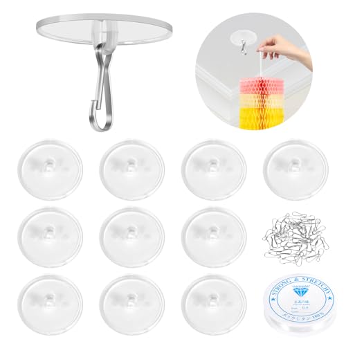 10-Pack Self-Adhesive Ceiling Hooks with 80ft Hanging Line for Paper Lanterns Hanging, Removable Sticky Damage-Free No-Drill Ceiling Wall Hooks for Festival Wedding Birthday Party