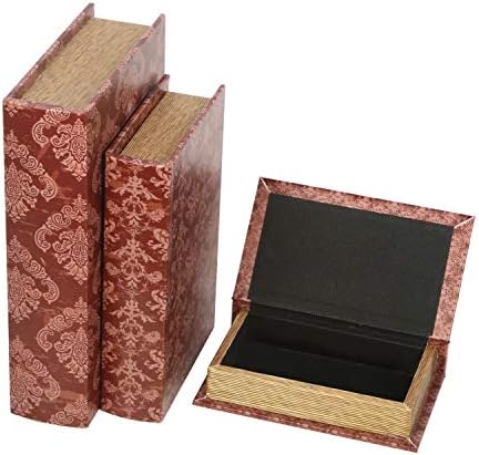 HOSLEY Storage Farmhouse Memory Book Boxes Set of 3, Red Brown & Gold,12", 10", 8" H.