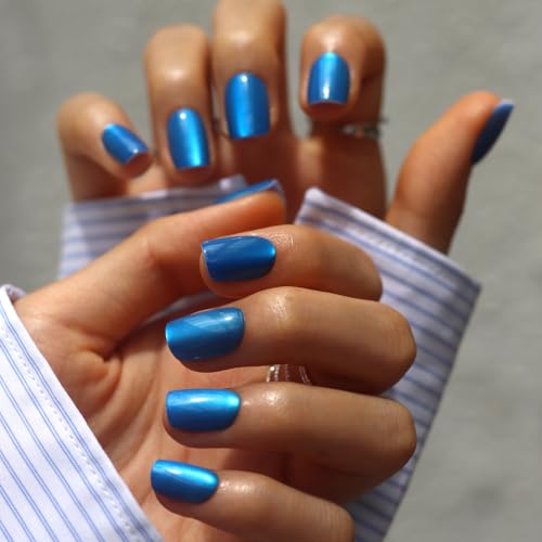 LAMIMOSA 32Pcs Blue Cat Eye Press On Nails Short Square – Soft Ge...