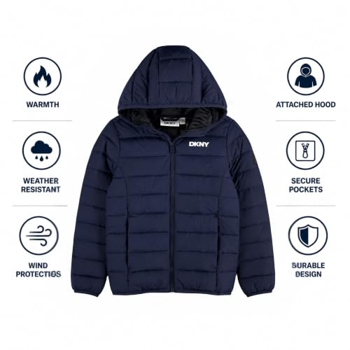 Image of DKNY Boys Winter Jacket, Midweight Puffer Coat, Weather Resistant, Hooded