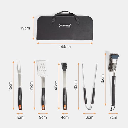 VonHaus BBQ Tool Set & Storage Case, 5 Piece Barbeque Accessories Kit, Includes Spatula, Fork, Tongs, Basting Brush & Cleaner, Heavy Duty Stainless Steel BBQ Utensil Set for Outdoor Cooking - Image 5