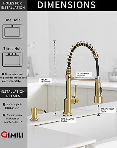 Gimili Brushed Gold Kitchen Faucet With Pull Down Sprayer With Soap Dispenser Single Handle Led Kitchen Sink Faucet #TOP1