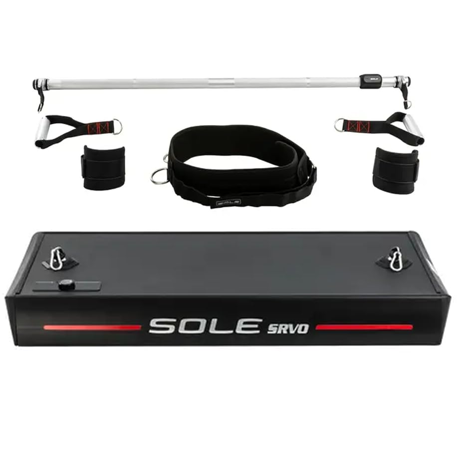 Image of SOLE SRVO Weight Trainer, Resistance Bands and Pushup Stand, Strength Exercise Equipment for Daily at Home Gym Training - Includes 2 Wheels, Motorized Resistance System, Handles, Ropes, a Bar and Mat