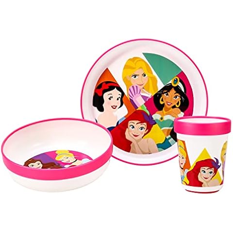 Disney Princess 3pcs Bicolor Premium Kids Dinner Tableware Set Plate, Bowl & Tumbler, BPA Free Cover