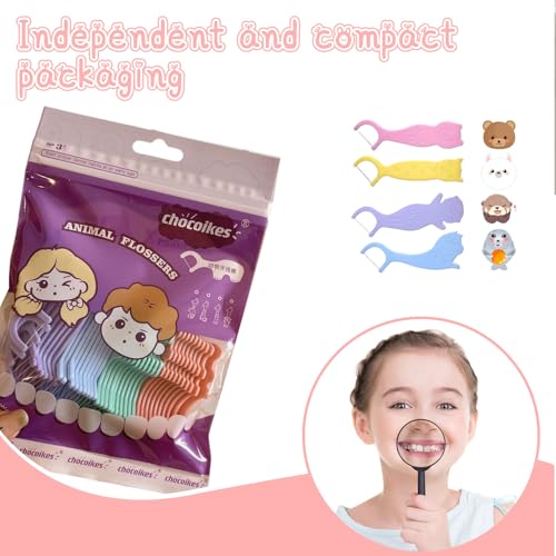 THXFUNAREA Zahnseide Kinder Dental Floss für engen Zahnzwischenräume Zahnseide Sticks mit 4 bunte Griffe in Form von Tier Fluorfrei, wachsfrei, rutschhemmend(2X40Stk) – Bild 6