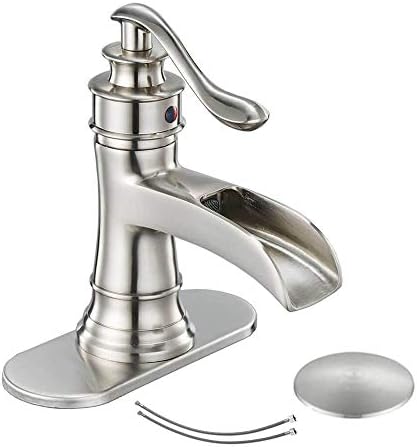 Bathroom Faucet Brushed Nickel Waterfall Single Hole Sink Vanity with Pop Up Drain Assembly Stopper Basin Satin Overflow One Handle Commercial Lavatory Deck Mount Supply Lines Lead-Free by Homevacious