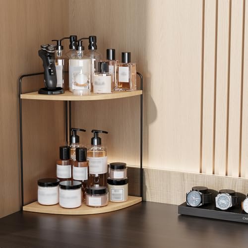 Image of Forest Angle Bathroom Counter Organizer,Countertop Organizer,Vanity Organizers,Bathroom Storage,Bathroom Sink Caddy,Counter Shelf,Corner Counter,Corner Shelves(Black-Burlywood)
