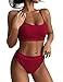 TOMEEK Bikini Côtelé pour Femme Couleur Unie Bikini Deux Pièces Sexy Taille Haute Maillot de Bain Push-up Piscine de Plage, Vin Rouge, Taille L
