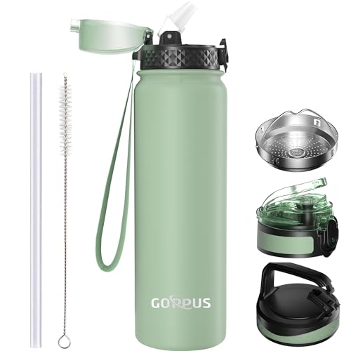 GOPPUS 1L/32oz Stainless Water Bottle with Straw Double Wall Insulated Bottles with Strap Reusable Vacuum Thermal Flask Leakproof Keep Cold Drinks Bottles with Flip Top Lid for Gym Men Women BPA Free