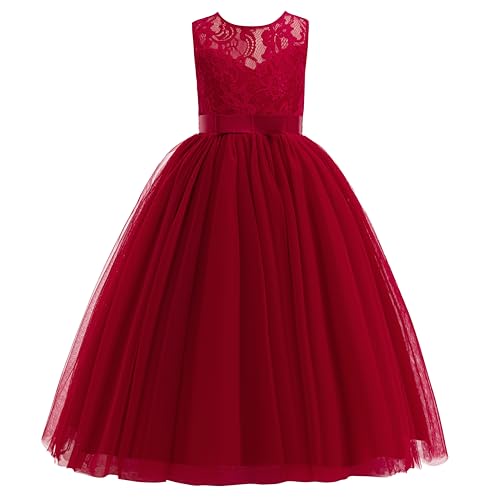 Glamulice Flower Girls Lace Bridesmaid Dress Long A Line Wedding Pageant Dresses Tulle Party Gown Teen Girl Elegant Holiday Evening Formal Princess Birthday Dance Ball Gown Christmas Red Wine 12 13