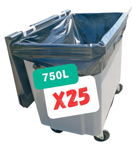 SANYGIENE | Bolsa de basura 750 L | Funda protectora contenedor basura 750 litros | Cartón 25 bolsas | Negro opaco | Gama profesional | Grosor 35 µ | Anti fugas y Anti Desastre |