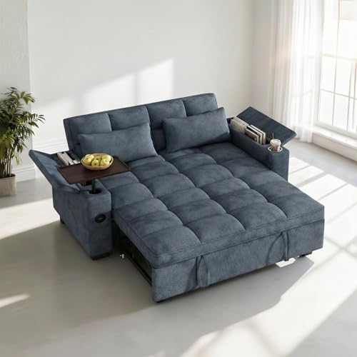Image of Dreamzie 65'' Convertible Sleeper Sofa Bed with 90 Swivel Side Table, Chenille Pull Out Couch for Living Room, Loveseat Sleeper with Hidden Storage Space | Charging Port | Cup Holders, Blue