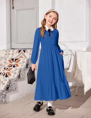 Image of Arshiner Girls Maxi Dresses Lantern Long Sleeve Casual Holiday Dress with Pockets for 5-14 Y