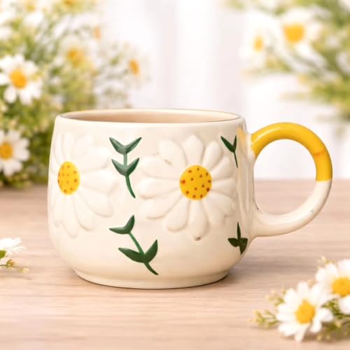 Image of Niyara Stoneware Handmade Premium Ceramic Tea Cups and Coffee Mugs Set of 2 (Daisy Floral, with Gift Box & Candle)