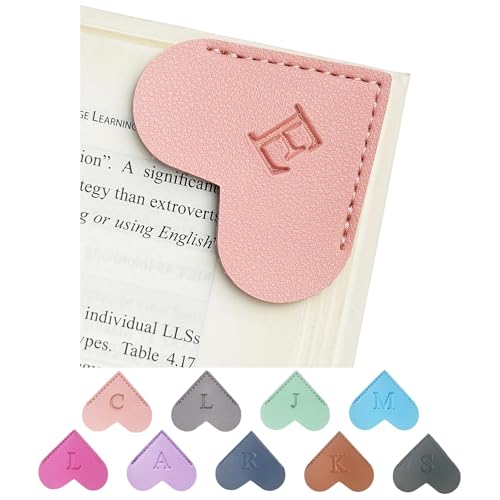 MOTEERLLU Personalized Leather Heart Bookmark with Initials, Handmade, Cute Custom Corner Book Marks for Reading Women, Teachers, Students, Book Lovers Gifts, Book Accessories (Pink, E)