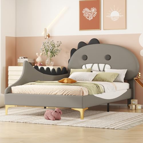 RIAZOS Bett 90x200 mit Lattenrost Kinder Mädchen Einzelbett, Kinderbett, Dinosaurierform, Bettgestell, Jugendbett, Bett für Jungen und Mädchen, PU,...