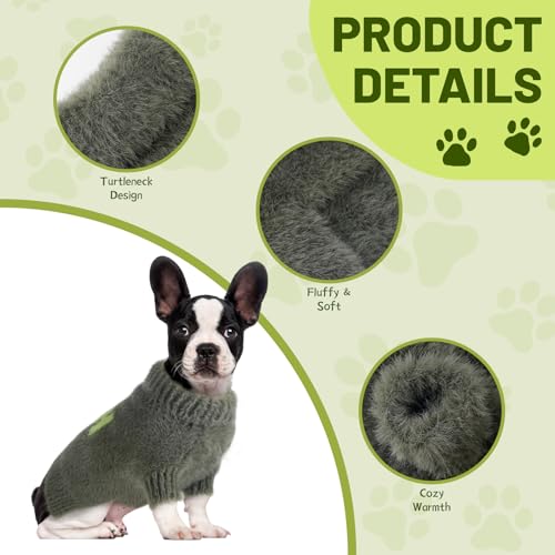 Image of Small Dog Furry Pullover Sweater, Classic Turtleneck Dog Clothes for Cold Weather Cute Warm Pet Clothes for Chihuahua, Bulldog, Dachshund, Pug Green X-Large