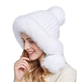 InBlossoms White Winter Mink Fur Hat For Women 3 Fox Pom Pom Warm Ear Flap Wool Knit Lined Fashion...