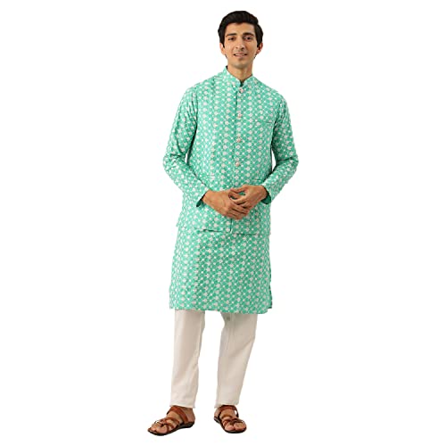Image of SOJANYA (Since 1958 Men's Silk Blend Light Green Kurta & Nehrujacket with White Pyjama Combo