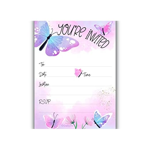 25 Butterfly Invitations With Envelopes, Fill In Style You're Invited, Elegant Purple & Pink Butterflies In A Magical Garden. For Birthdays, Baby Showers, Bridal Showers & Outdoor Spring Parties. Thick & Non Coated Cardstock For Use With Any Pen.