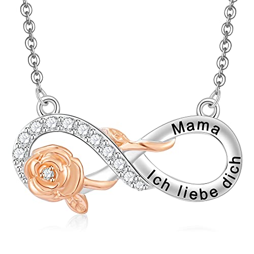 ENGRAWELRY Damen Halskette Gravur Mama Ich liebe dich Silber 925 Kette Anhänger Unendlichkeit Rose Kristallschmuck Originell Geschenk für Weihnachten Muttertag Geburtstag Cover