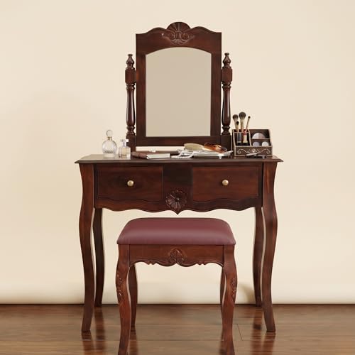 Image of APRODZ Solid Wood Dressing Table with Mirror Brown Vanity Table with Storage for Bedroom Living Room Pre-Assembled Home Furniture with Mirror Makeup & Accessories Storage Organizer with 2 Drawers