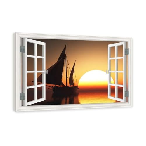Bateau à voile sur mer impression sur toile JZSDGB tableau paysage fausse fenêtre 70x105cm