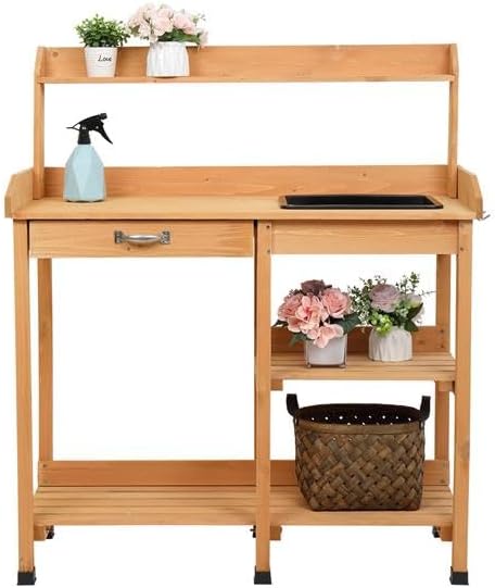Potting Benches Tables Garden Planting Wood Outdoor Work Station Table with Storage Shelf,Moisture Metal Flowers Pot Bench Heavy Duty Planter Table Wood Plating Shelf Cabinet