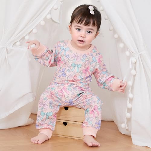 Baby Girl Fall Winter Outfits Toddler Clothes Long Sleeve Bow Printed Crewneck Sweatshirt + Pants Set4