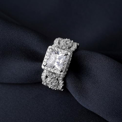Princess Cut Cubic Zirconia Halo Promise Engagement Ring For Women in 925 Sterling Silver, Simulated Diamond 14k White Gold Plated CZ Stackable Rings For Her, Wedding Band Bridal Ring Set4