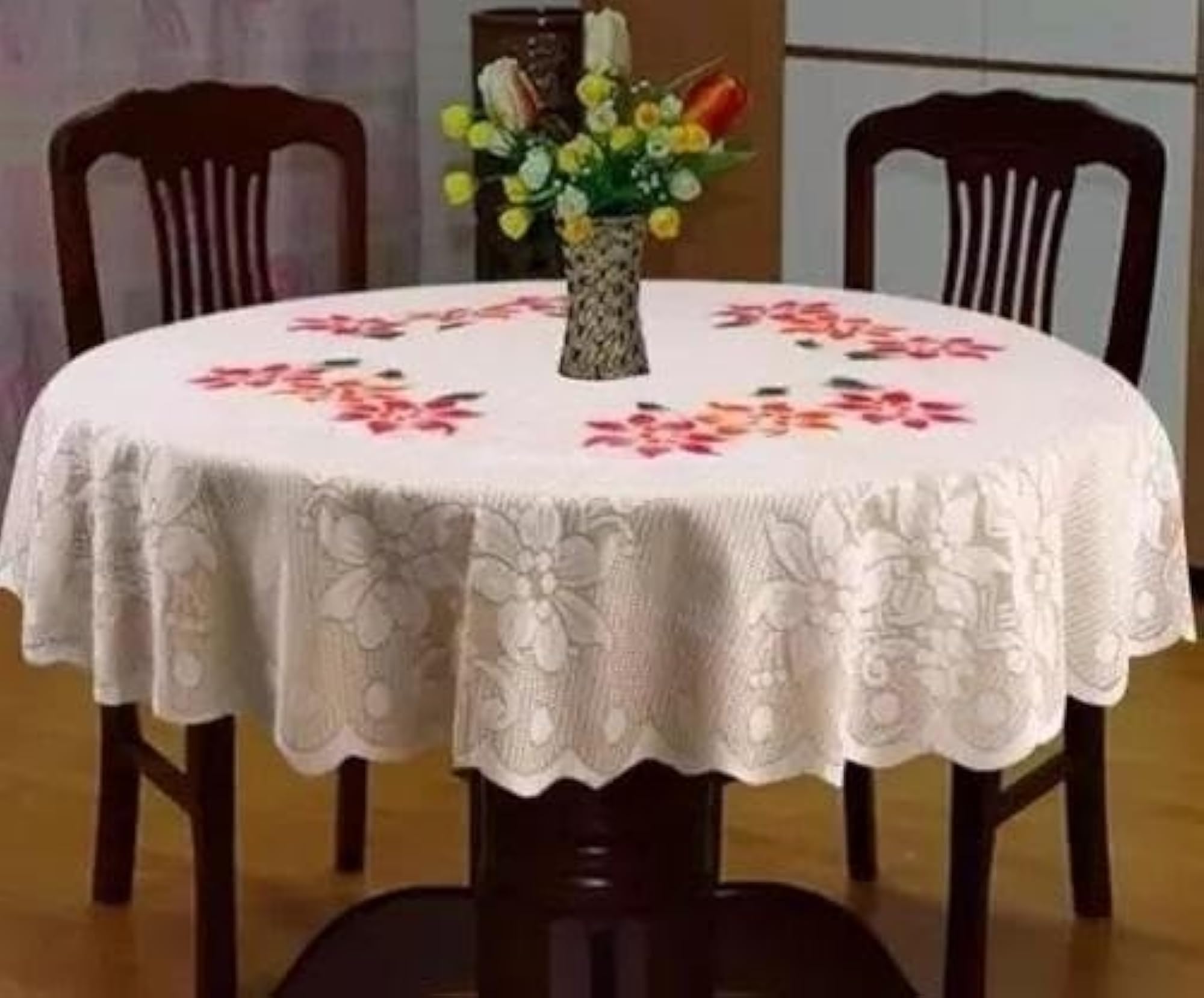 Beige Embroidered Design Round Cotton Centre Table Cover