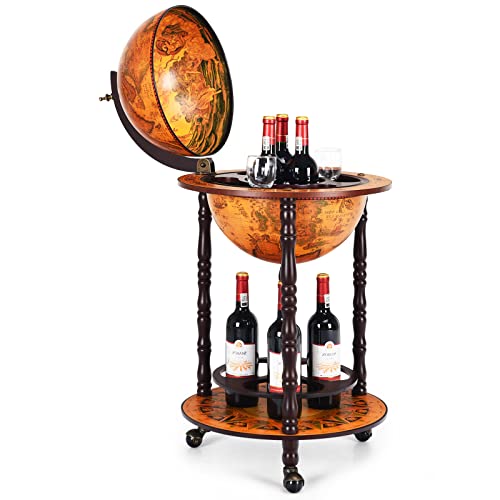 KOMFOTTEU Botellero Bar Globo Terráqueo con Ruedas, Soporte para Botellas de 2 Niveles, Carrito de Bar de Madera, Mueble Minibar para Bebidas, para Restaurante, Fiesta (Marrón, 47 x 47 x 90 cm)